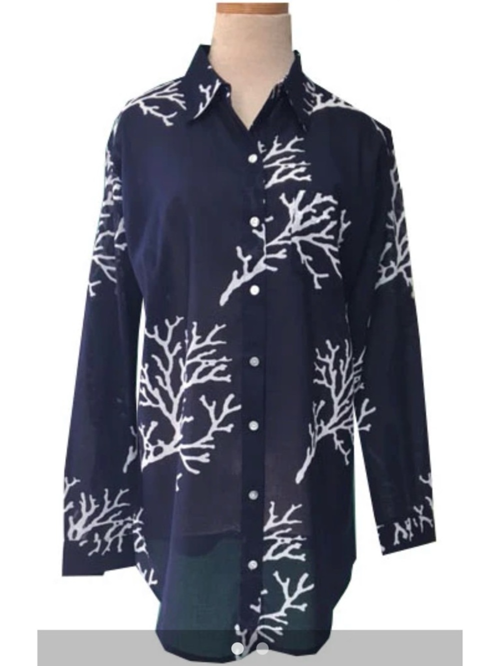 KikiSol Navy Button-Up Shirt with White Coral Print Oversized Size S